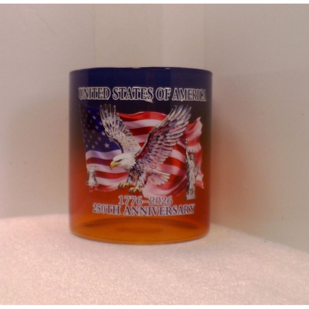 250th Anniversary 1776-2026 Eagle Flag Lowball Whiskey Glass Blue Red